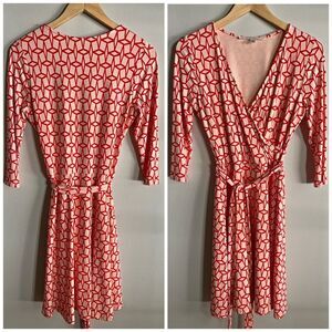 41 Hawthorn Red Geometric Print Wrap Dress M Long Sleeve Belted Knit